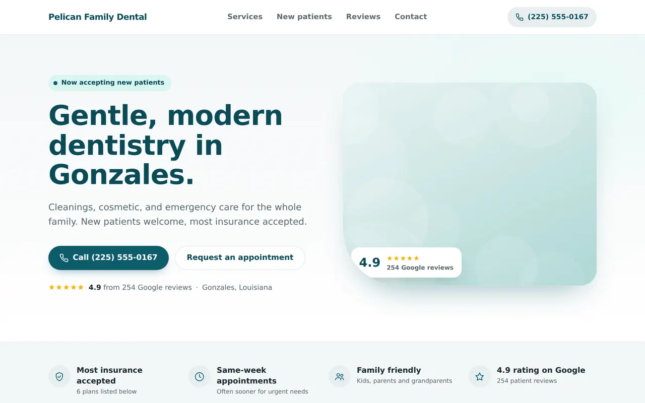 Sample design for dentists and clinics, desktop view, using a made-up business called Pelican Family Dental