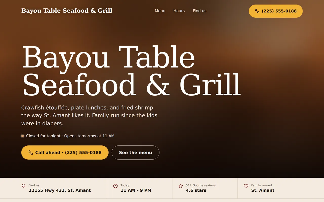 Sample design for restaurants and bars, desktop view, using a made-up business called Bayou Table Seafood & Grill